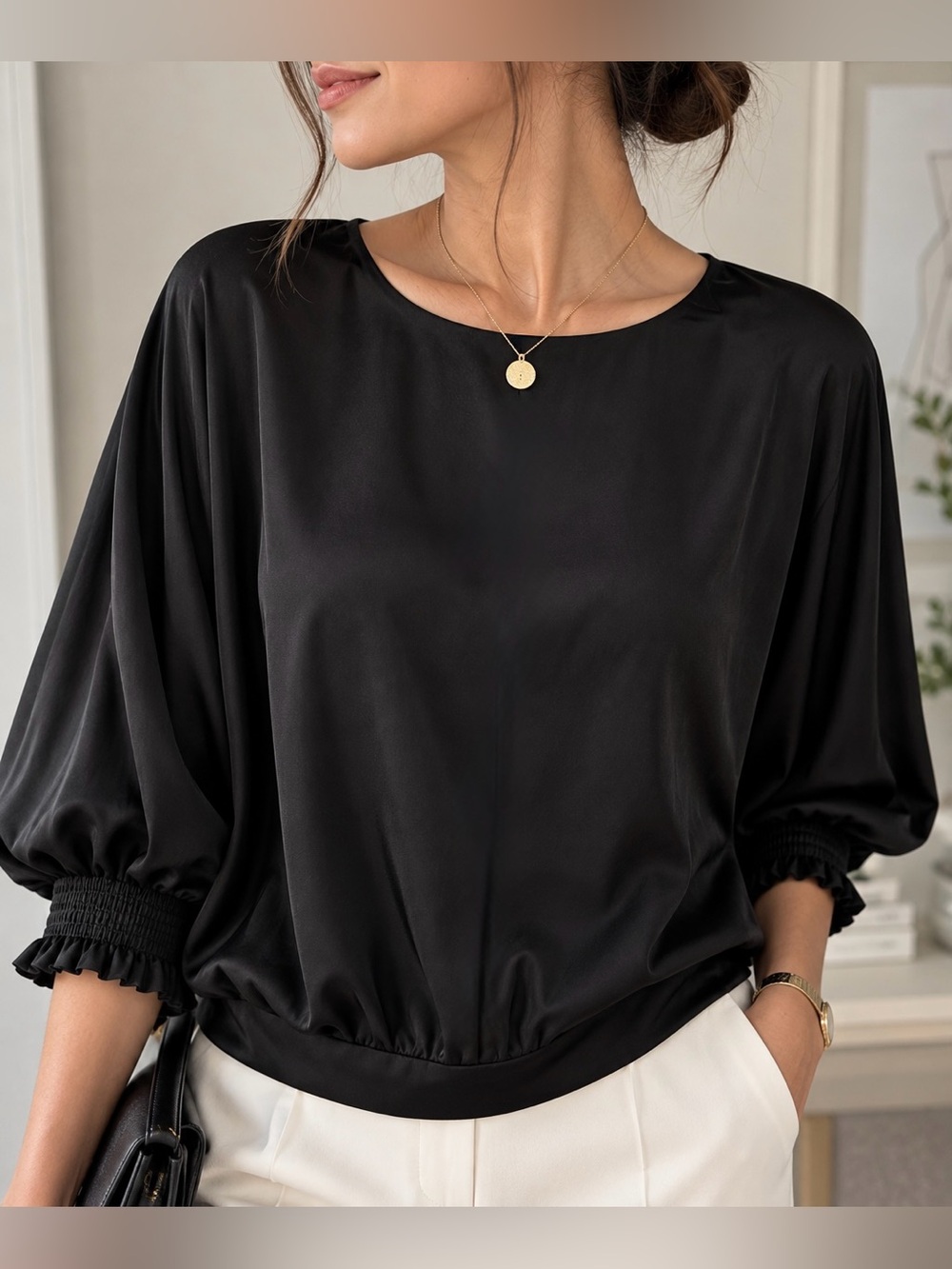 MANGO Black Satin Balloon Sleeve Blouse Elastic Hem Size L / US M